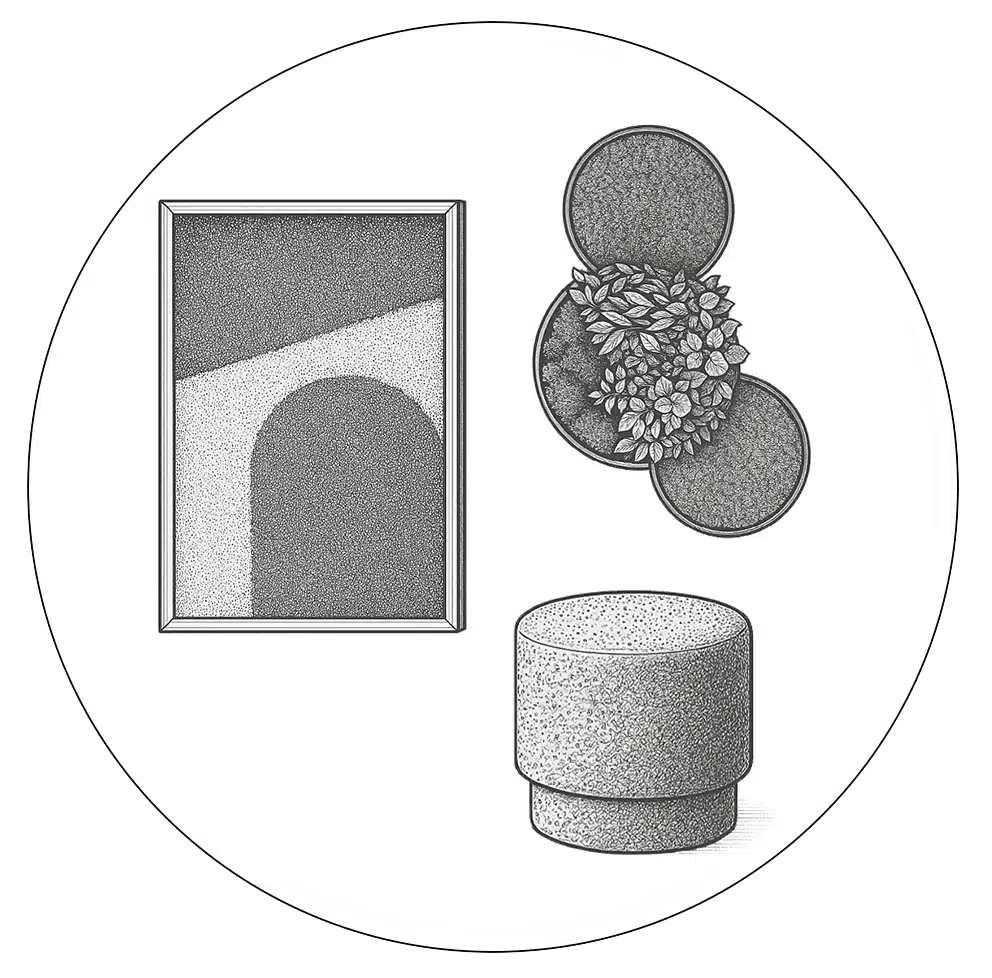 Geometric artwork with abstract shapes and leaves