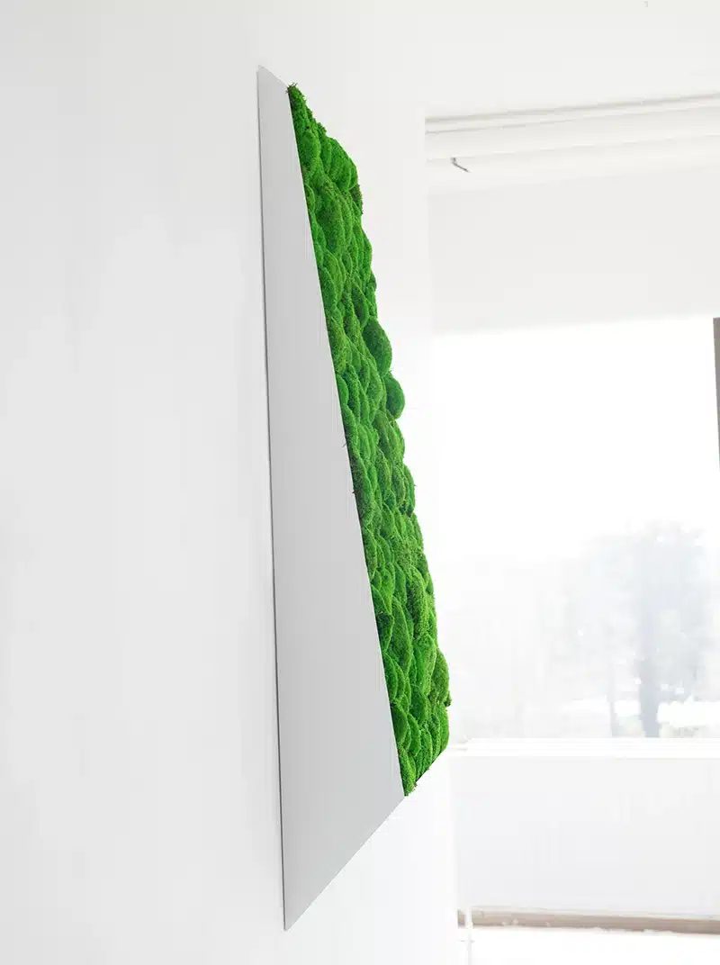 Vertical green moss art on white wall