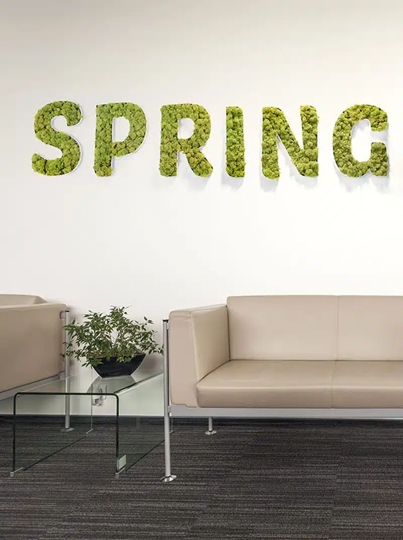 Couch under plant-decorated spring wall sign
