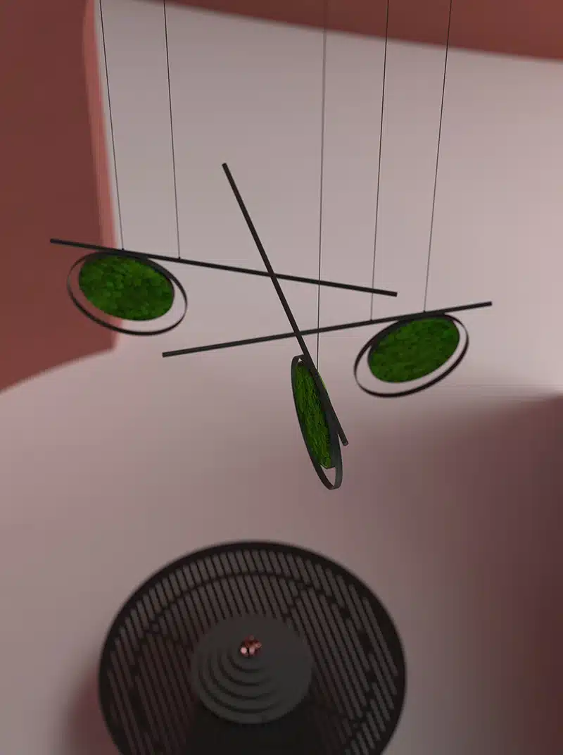 Modern abstract mobile hanging from ceiling