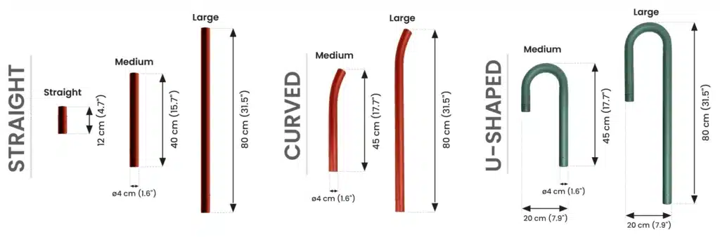 Comparison of straight, curved, U-shaped poles sizes.
