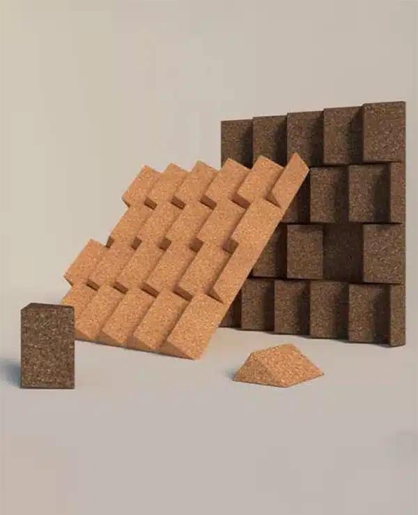 Geometric cork acoustic panels and shapes arrangement.