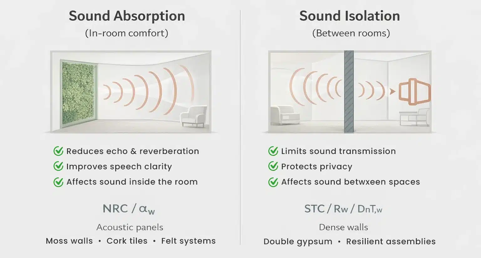 Diagram comparing absorption vs isolation in interior acoustics