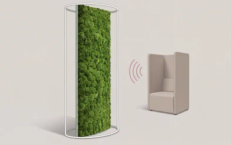 A freestanding preserved moss divider beside a high-backed alcove seat